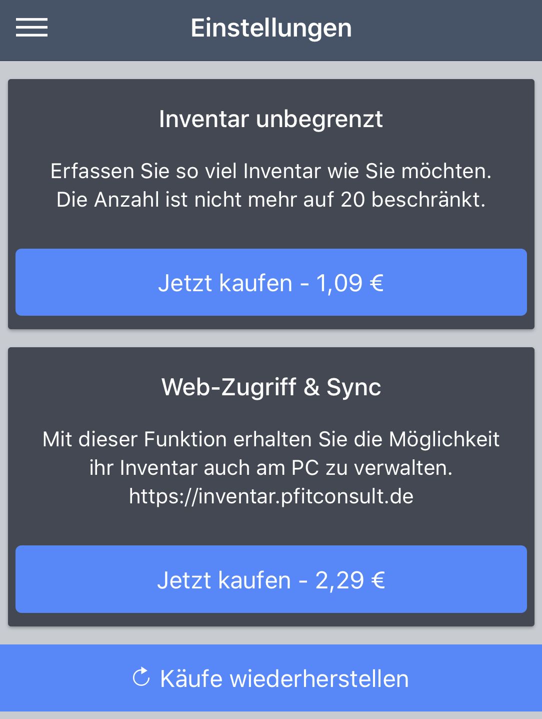 Einstellungen Inventar Manager